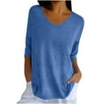 thumbnail image 1 of loopsun Plus Size Tops for Womens,Womens Summer Tops,Women Solid Color Spring/summer Knitted V-neck Medium Sleeve Casual Top Blue S, 1 of 5