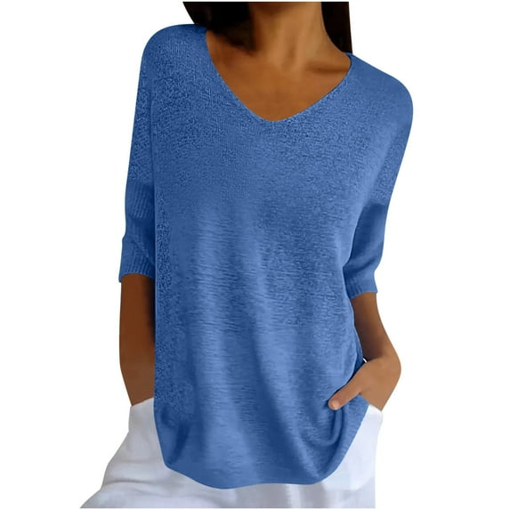 loopsun Plus Size Tops for Womens,Womens Summer Tops,Women Solid Color Spring/summer Knitted V-neck Medium Sleeve Casual Top Blue XXXXXL