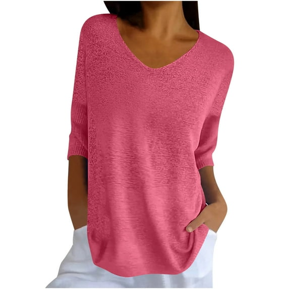 loopsun Plus Size Tops for Womens,Womens Summer Tops,Women Solid Color Spring/summer Knitted V-neck Medium Sleeve Casual Top Hot Pink XXL