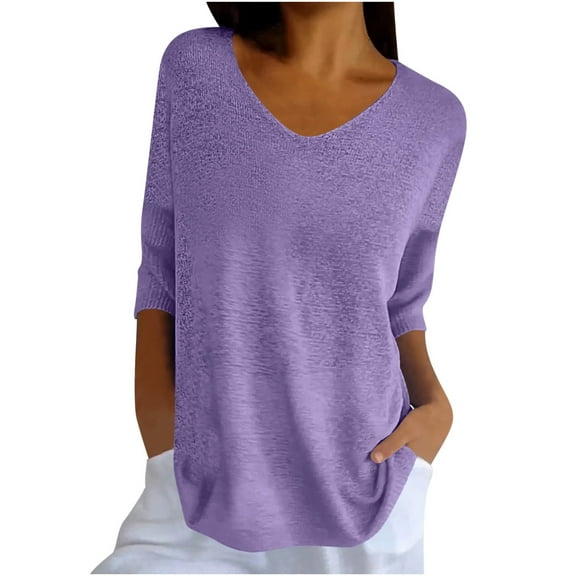 loopsun Plus Size Tops for Womens,Womens Summer Tops,Women Solid Color Spring/summer Knitted V-neck Medium Sleeve Casual Top Purple S