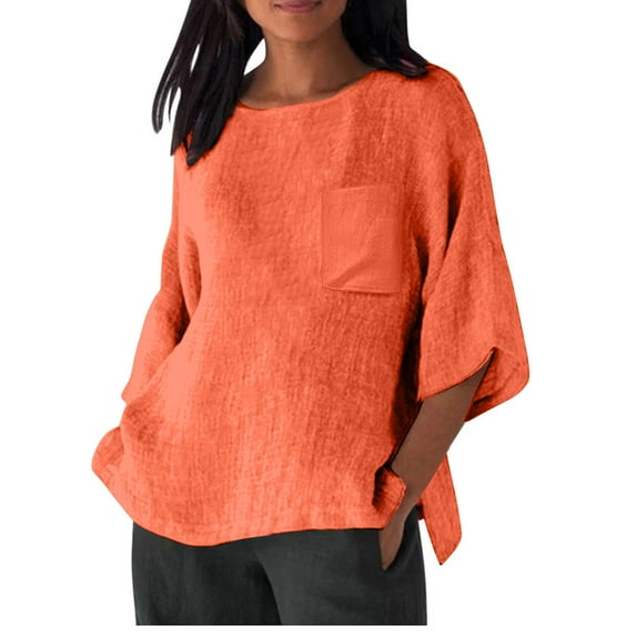 loopsun Plus Size Tops for Womens,Womens Summer Tops,Women's 3/4 Sleeve Round Neck Oversized Pocket T-shirt Loose Casual Shirt Lightweight And Fashionable Summer Top Orange M