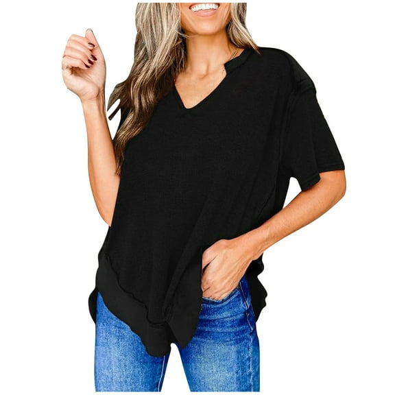 loopsun Plus Size Tops for Womens,Womens Summer Tops,Women's Casual Fashion Loose Short Sleeved Short Sleeved V-neck Top/shirt Black S