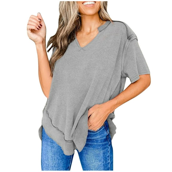 loopsun Plus Size Tops for Womens,Womens Summer Tops,Women's Casual Fashion Loose Short Sleeved Short Sleeved V-neck Top/shirt Gray M
