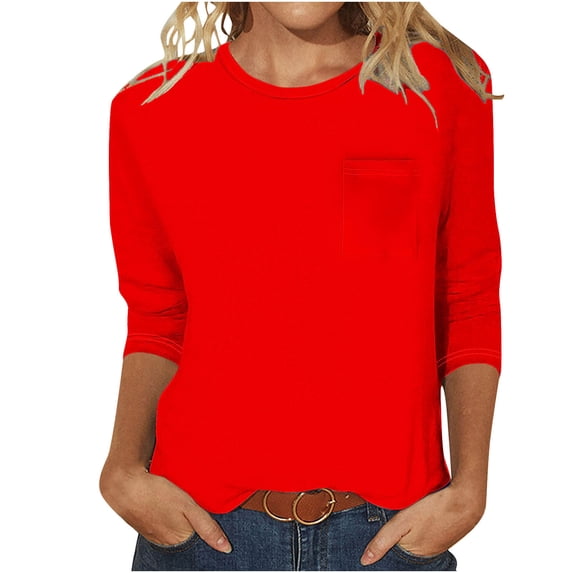 loopsun Plus Size Tops for Womens,Womens Summer Tops,Women's Casual Solid Color Round Neck 3/4 Sleeve And 3/4 Sleeve Pocket Top Red S