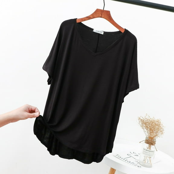 loopsun Plus Size Tops for Womens,Womens Summer Tops,Women's Casual Thin Sweet And Base Shirt Slim Medium Length Short Sleeved Round Neck Top/shirt Black L