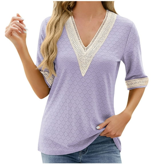 loopsun Plus Size Tops for Womens,Womens Summer Tops,Women's Fashion Casual Solid Color Short Sleeve V-Neck Blouses Shirts Purple M