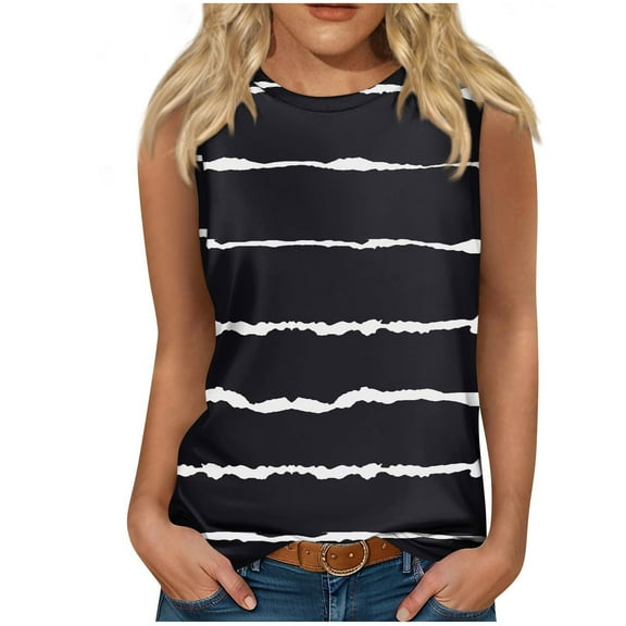 loopsun Plus Size Tops for Womens,Womens Summer Tops,Women's Summer Casual Fashion Printed Loose Round Neck Sleeveless Tops Black XXL
