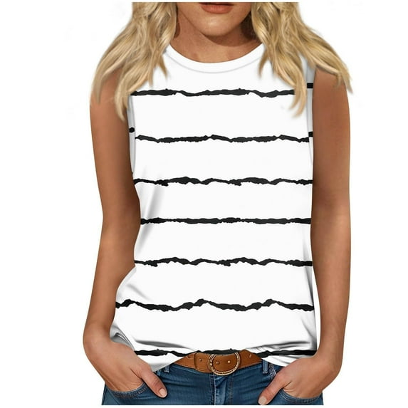 loopsun Plus Size Tops for Womens,Womens Summer Tops,Women's Summer Casual Fashion Printed Loose Round Neck Sleeveless Tops White XXL