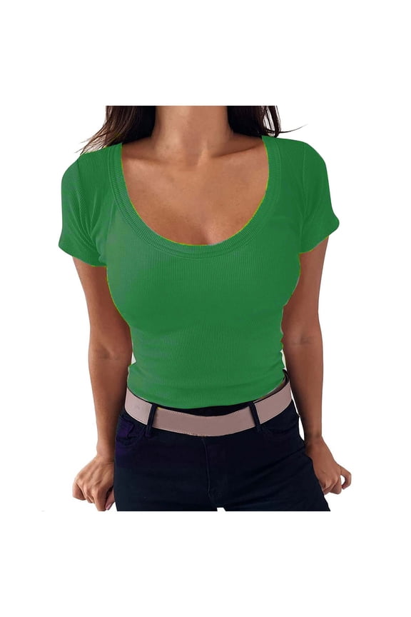 Plus Size Tops for Womens,Womens Summer Tops,Women's Casual Solid Color Short-Sleeved U-Neck Top Green S