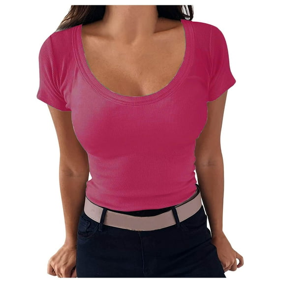 loopsun Plus Size Tops for Womens,Womens Summer Tops,Women's Casual Solid Color Short-Sleeved U-Neck Top Hot Pink XXXL