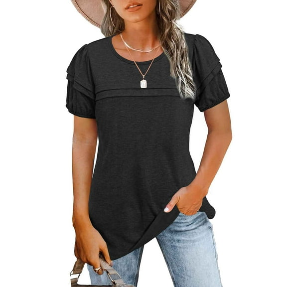 loopsun Plus Size Tops for Womens,Womens Summer Tops,Women's Casual Solid Round Neck Pullover Short Sleeved Top Black M