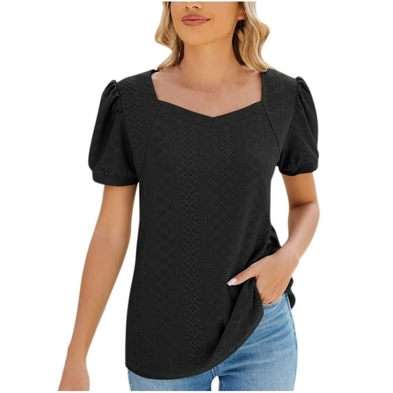 loopsun Plus Size Tops for Womens,Womens Summer Tops,Women's Fashion Solid Color Short Sleeve V-Neck Fallow Jacket Black XL