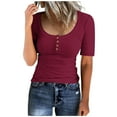 thumbnail image 1 of loopsun Summer Savings 2025! Plus Size Tops for Womens,Womens Summer Tops,Women's Round Neck Button Up T-shirt Loose Short Sleeved Top Wine S, 1 of 4