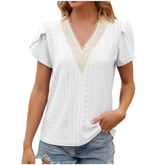 loopsun Plus Size Tops for Womens,Womens Summer Tops,Women's V-neck Lace Neck Short Sleeve Pullover Casual Tops Blouse White M