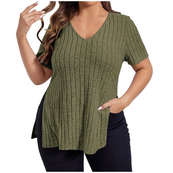 Summer Savings! Loopsun Womens Summer Top Plus Size, T Shirts for Women, Plus Size Womens Fashion Summer Short Sleeve V Neck Solid Casaul Top T-shirt Army Green XXXXXL