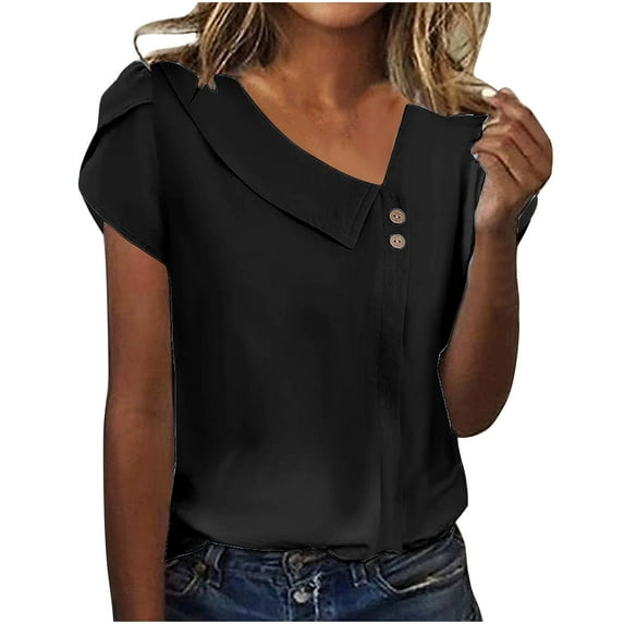 loopsun Plus Size Tops for Womens,Womens Summer Tops,Women Blouse Plain Casual Short Sleeve Elegant Vintage Fashion V-Neck Regular Button Tops Black XL