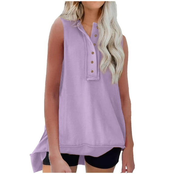 loopsun Plus Size Tops for Womens,Womens Summer Tops,Women's Fashion Casual Solid Color Loose Women's Sleeveless Round Neck Pullover T-Shirt Round Neck Top Purple M