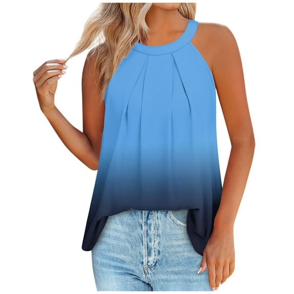 loopsun Plus Size Tops for Womens,Womens Summer Tops,Women's Printed Round Neck Pullover Fashionable Casual Round Neck Strap Button Top Blue XL