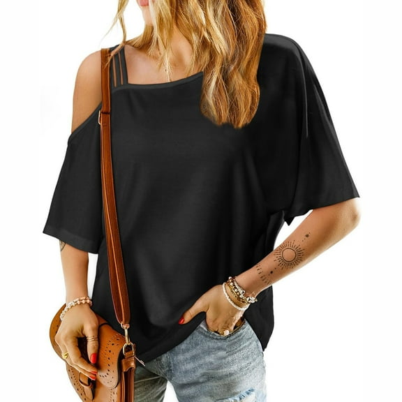 loopsun Plus Size Tops for Womens,Womens Summer Tops,Women's Sexy Off Shoulder Tops 2024 Fashion T Shirts Blouses Summer Short Sleeve Casual Vacation Tees Black M