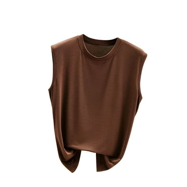 loopsun Summer Savings Plus Size Tops for Womens,Womens Summer Tops,Women's Solid Color Round Neck Sleeveless Thin Oversized Base Shirt Casual Versatile Solid Color Women's Top Round Neck Coffee L
