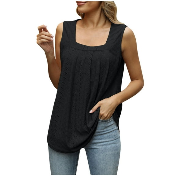 loopsun Plus Size Tops for Womens,Womens Summer Tops,Women's Spring Pleated Hollowed Out Collar Sleeveless Dovetail T-Shirt Top Black S
