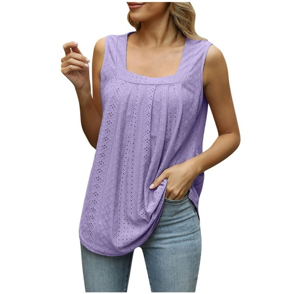loopsun Summer Savings Plus Size Tops for Womens,Womens Summer Tops,Women's Spring Pleated Hollowed Out Collar Sleeveless Dovetail T-Shirt Top Purple M
