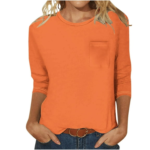 loopsun Plus Size Tops for Womens,Womens Summer Tops,Women's Casual Solid Color Round Neck 3/4 Sleeve And 3/4 Sleeve Pocket Top Orange M