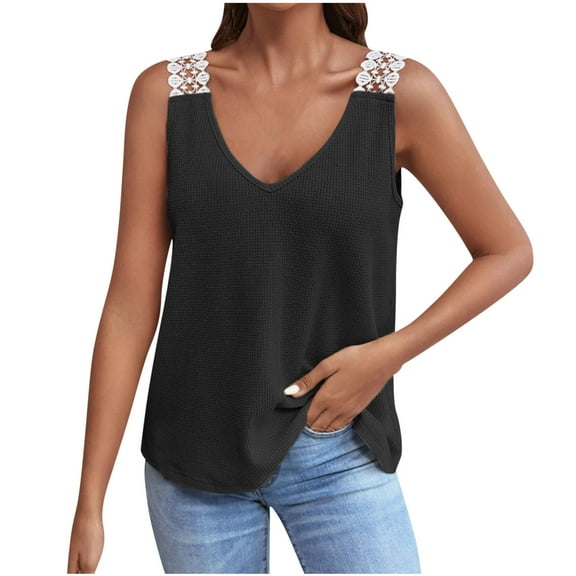 loopsun Plus Size Tops for Womens,Womens Summer Tops,Fashion Women's Casual V- Neck Sleeveless Lace Soild T-shirt Top Blouse Black S
