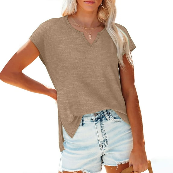 loopsun Plus Size Tops for Womens,Womens Summer Tops,Summer Women Solid Color V Neck Pocket Sleeveless Casual Tee Tops Tank Khaki XL