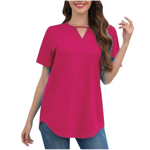 loopsun Plus Size Tops for Womens,Womens Summer Tops,Women Fashion Solid Color Round Neck Short Sleeve T-Shirt Blouse Tops Hot Pink XL