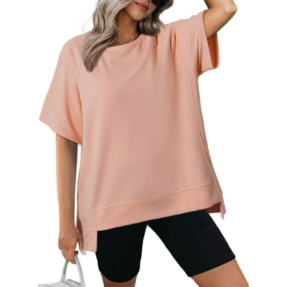 loopsun Plus Size Tops for Womens,Womens Summer Tops,Women's Loose Casual Solid Color Irregular Design Short Sleeved Top Pink L