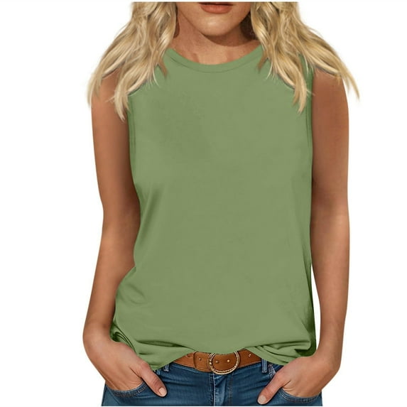 loopsun Plus Size Tops for Womens,Womens Summer Tops,Women's Summer Casual Fashion Solid Color Loose Round Neck Sleeveless Green S