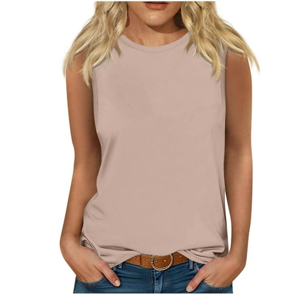 loopsun Plus Size Tops for Womens,Womens Summer Tops,Women's Summer Casual Fashion Solid Color Loose Round Neck Sleeveless Khaki XL