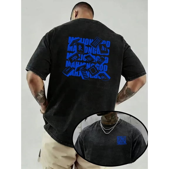 loose t shirt with mahjong element print made of 100 featuring double sided printing personalized designs on the front and back casual round neck stylish mens fashion