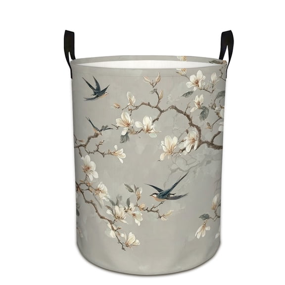 loral and Bird Pattern_ Print Laundry Basket & Storage Bin - Foldable Large Capacity Round Hamper for Bedroom, Laundry Room, Dorm
