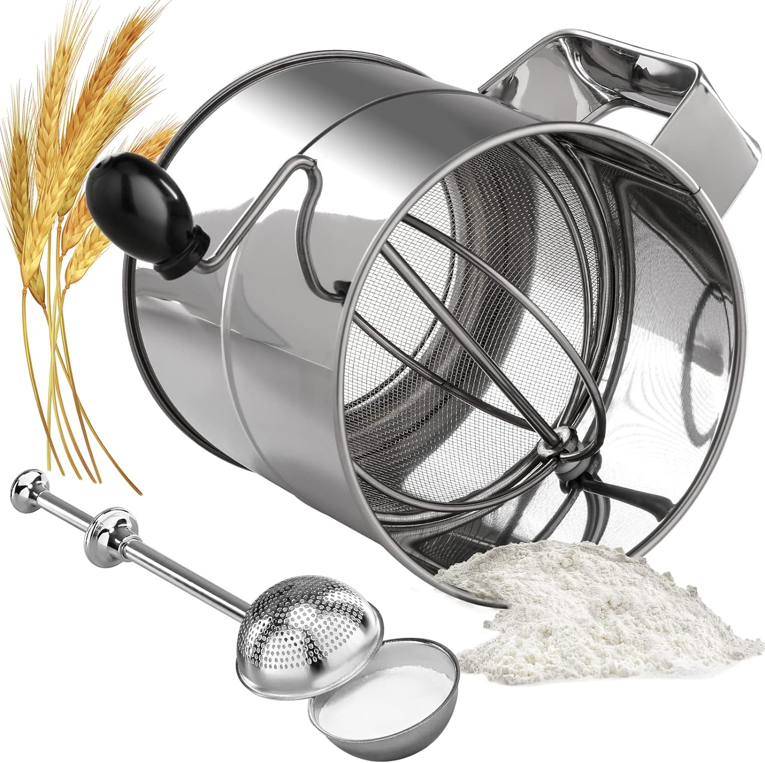 lour Sifter Fine Mesh Hand Crank Sifter Stainless Steel with Agitator