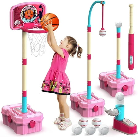 LINXUXIE 4 in 1 Toddler Basketball Hoop and T Ball Set, Kids Baseball Toys with Pitching Machine, Indoor & Outdoor Sport Birthday Gifts for 1-3 3-5 Year Old