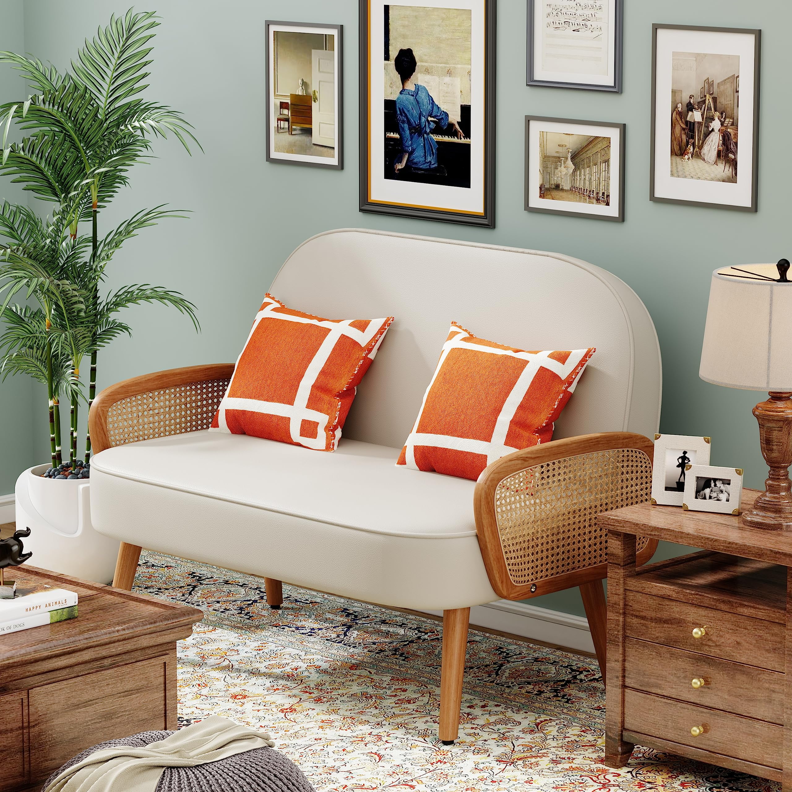 loveseat with Natural Rattan Arms Upholstered Modern Mini Sofa Couch Love Seat Settee Bench with Back for Living Room Bedroom Office Small Space