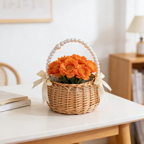 lower Girl Basket, Handwoven Wicker Rattan Small Flower Girl Basket with Pearl Handle Ribbon Bow Plastic Liner, Easter Petal Candy Storage Basket, Garden Home Decor Woven Flower Basket