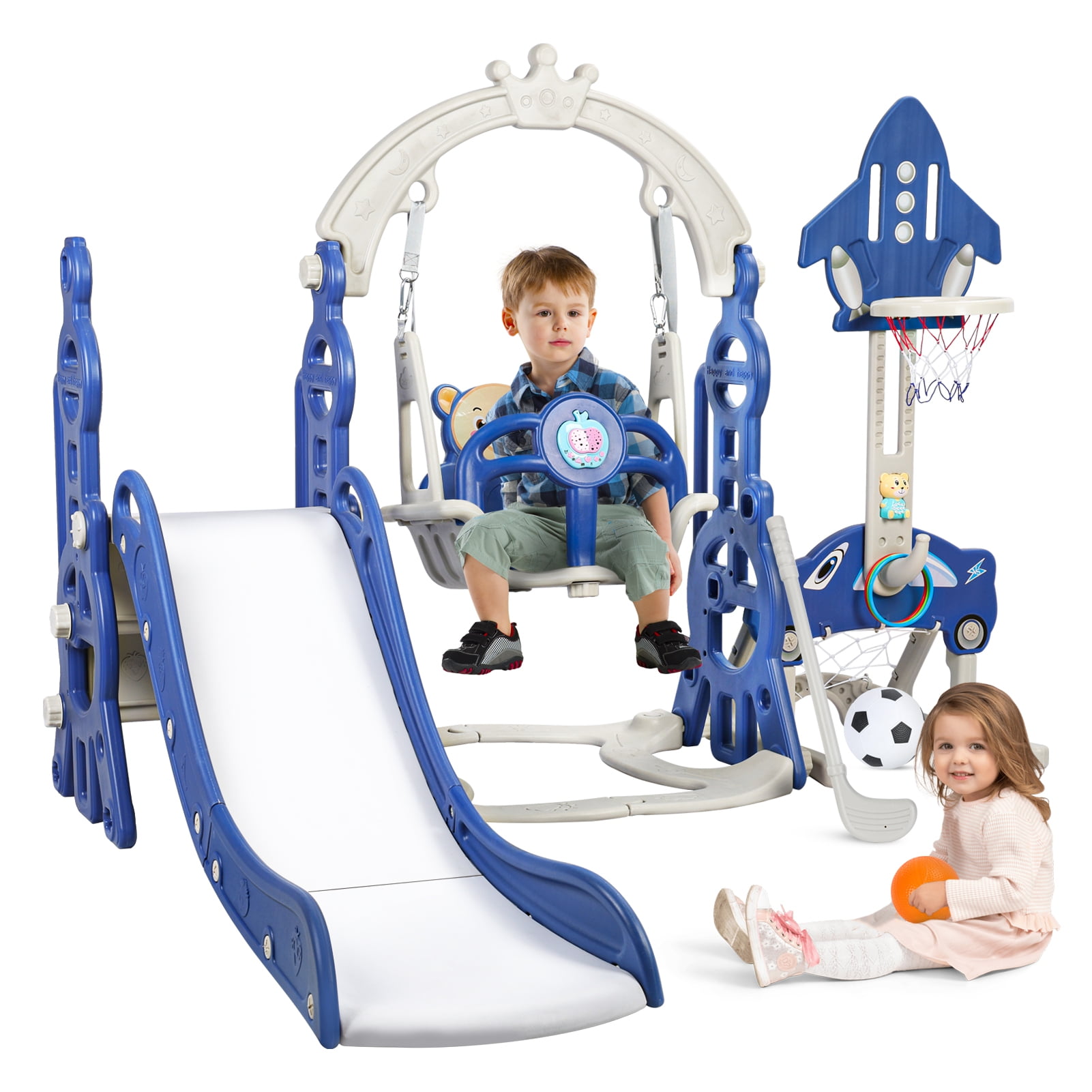Blue 5-in-1 Indoor Plastic Slide and Swing Set