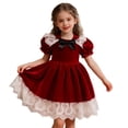 thumbnail image 1 of lsirc Girl Velvet Dress - Christmas Burgundy Pageant Dress Midi Length with White Lace Short Sleeve Party Gown Dresses, Red, 18-24 Months, 1 of 9