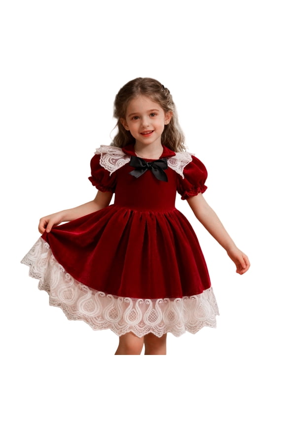 Girl Velvet Dress - Christmas Burgundy Pageant Dress Midi Length with White Lace Short Sleeve Party Gown Dresses, Red, 18-24 Months