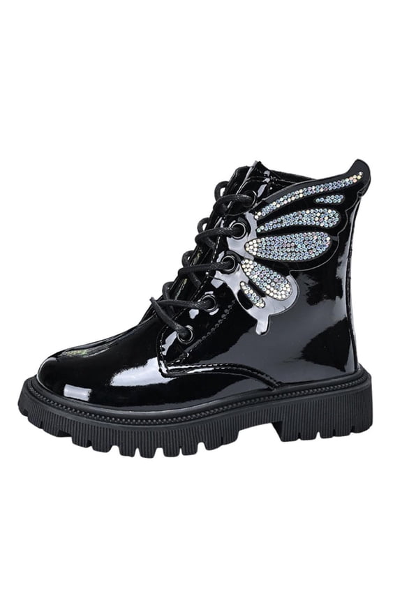 Girls Ankle Boots With Bow & Glitter - PU-Leather Upper Lace Up Side Zipper Design For Autumn Winter Fashion Casual Wear, Black, US13.5(8-9Years)