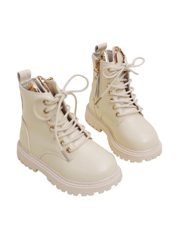 Girls Ankle Boots With Bunny Ear Design - Lace-Up Soft Leather Upper & Side Zipper For Winter Casual Outfit Daily, White, US1.5(9.5-10Years)
