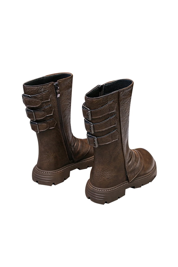 Girls Knee-High Boots - Soft-Sole Riding Boots with Side Zipper, British-Style & Metal Buckle Design, Khaki, US13(7-8Years)