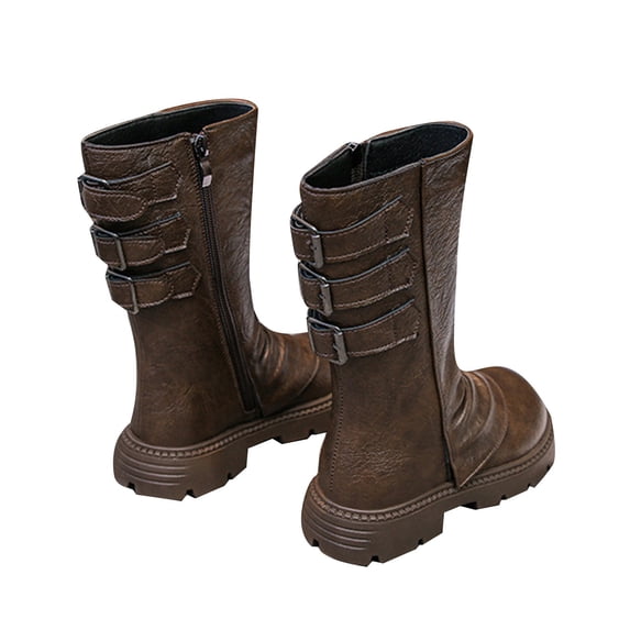 lsirc Girls Knee-High Boots - Soft-Sole Riding Boots with Side Zipper, British-Style & Metal Buckle Design, Khaki, US2.5(11-11.5Years)