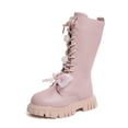 thumbnail image 1 of lsirc Girls Lace-Up Combat Boots with Side Zipper & Flower Decor Design, Flat Thick Bottom & Non-, Knee-High Lug Sole Boots, Pink, US2.5(10.5-11Years), 1 of 9