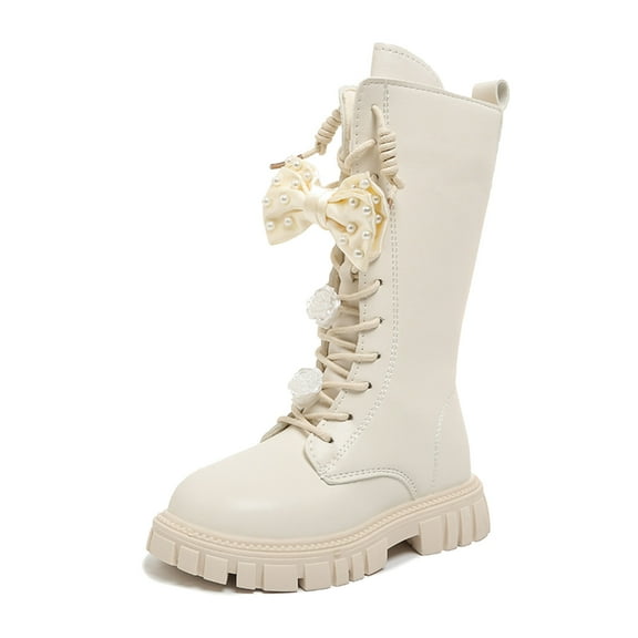 lsirc Girls Lace-Up Combat Boots with Side Zipper & Cute Bow, Knee-High Lug Sole Boots, Beige, US10.5(4-4.5Years)