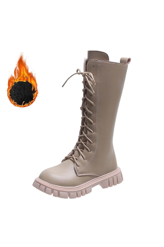 Girls Riding Boots - Soft Flat-Soled Long Boots with Lace-Up Design Non Slip PU Upper Boots, Gray(Fleece-lined), US1.5(9.5-10Years)