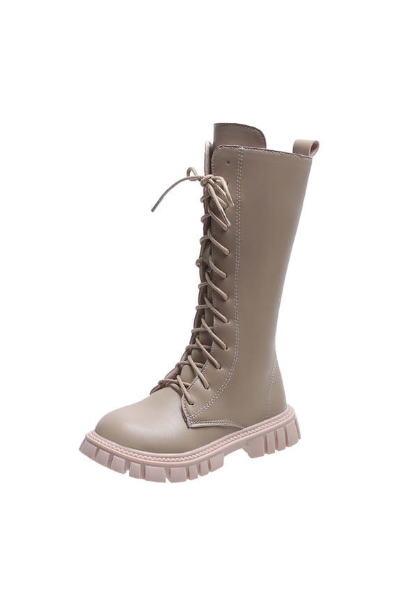 Girls Riding Boots - Soft Flat-Soled Long Boots with Lace-Up Design Non PU Upper Boots, Gray(Unlined), US11(4.5-5Years)
